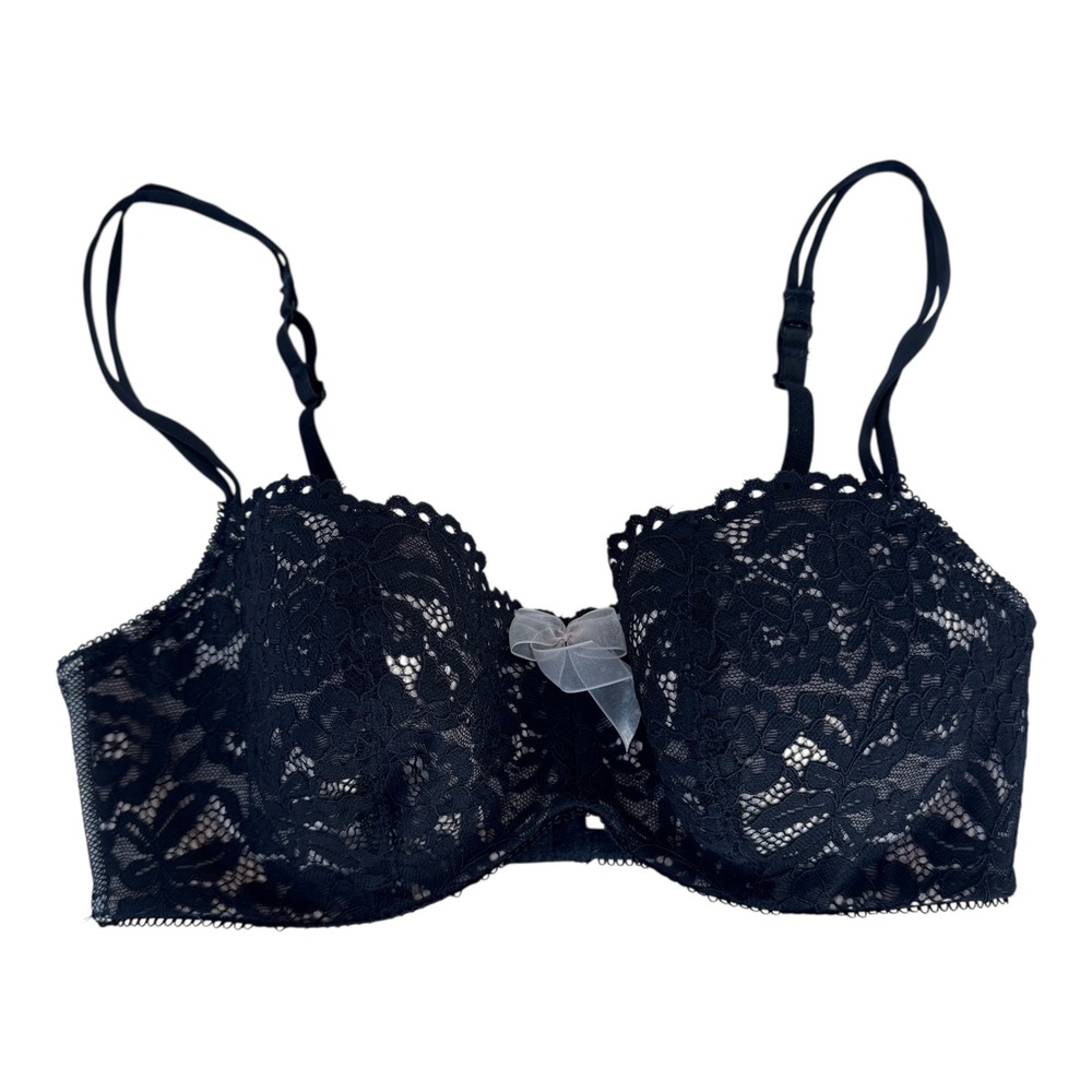 b.Tempted Wacoal Black‎ Lace Bra 34D Floral Underwire Balconette Lined Bow Mesh
